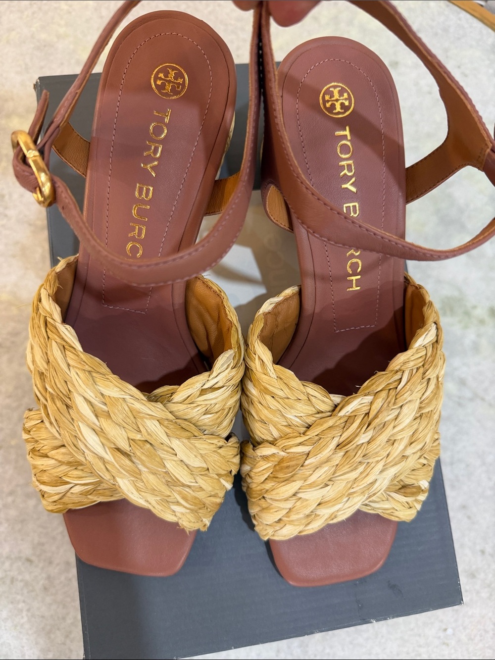 Tory Burch Tan Leather and Natural Braided Slingback Sandals